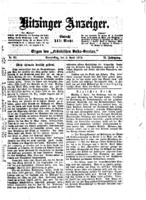 Kitzinger Anzeiger Donnerstag 3. April 1873