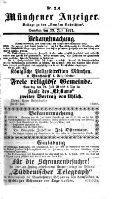Münchener Anzeiger (Münchner neueste Nachrichten) Samstag 29. Juli 1871