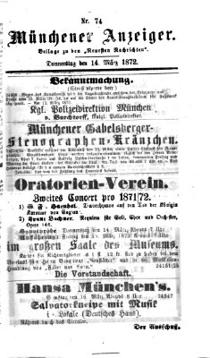 Münchener Anzeiger (Neueste Nachrichten aus dem Gebiete der Politik) Donnerstag 14. März 1872