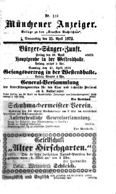 Münchener Anzeiger (Neueste Nachrichten aus dem Gebiete der Politik) Donnerstag 25. April 1872