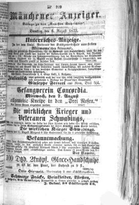 Münchener Anzeiger (Neueste Nachrichten aus dem Gebiete der Politik) Dienstag 6. August 1872