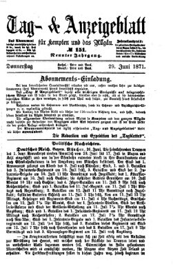 Tag- und Anzeigeblatt für Kempten und das Allgäu Donnerstag 29. Juni 1871