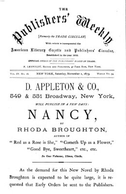 Publishers' weekly Samstag 1. November 1873