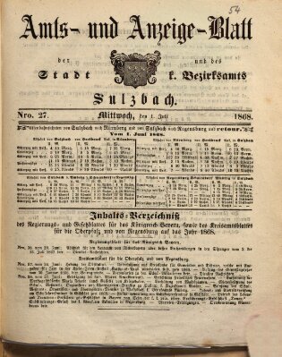 Amts- und Anzeigeblatt der Stadt und des K. Bezirksamts Sulzbach (Sulzbacher Wochenblatt)