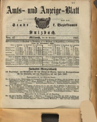 Amts- und Anzeigeblatt der Stadt und des K. Bezirksamts Sulzbach (Sulzbacher Wochenblatt) Mittwoch 20. November 1867