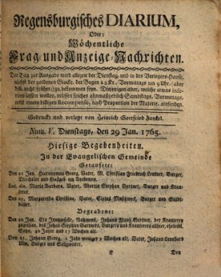 Regensburgisches Diarium oder wöchentliche Frag- und Anzeige-Nachrichten (Regensburger Wochenblatt) Dienstag 29. Januar 1765
