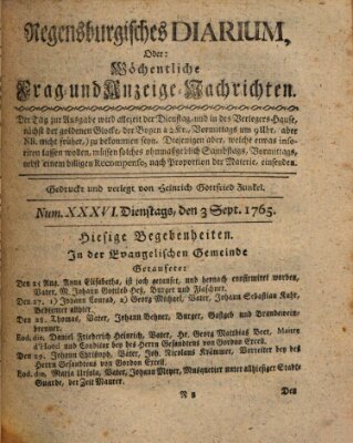 Regensburgisches Diarium oder wöchentliche Frag- und Anzeige-Nachrichten (Regensburger Wochenblatt) Dienstag 3. September 1765