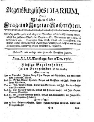 Regensburgisches Diarium oder wöchentliche Frag- und Anzeige-Nachrichten (Regensburger Wochenblatt) Dienstag 2. Dezember 1766