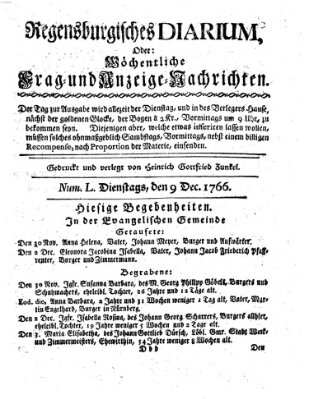 Regensburgisches Diarium oder wöchentliche Frag- und Anzeige-Nachrichten (Regensburger Wochenblatt) Dienstag 9. Dezember 1766