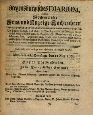 Regensburgisches Diarium oder wöchentliche Frag- und Anzeige-Nachrichten (Regensburger Wochenblatt) Dienstag 11. August 1767
