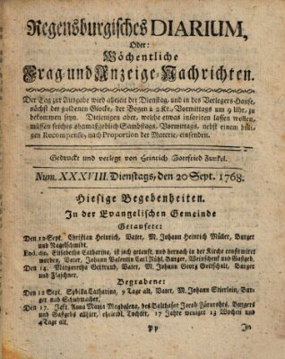 Regensburgisches Diarium oder wöchentliche Frag- und Anzeige-Nachrichten (Regensburger Wochenblatt) Dienstag 20. September 1768