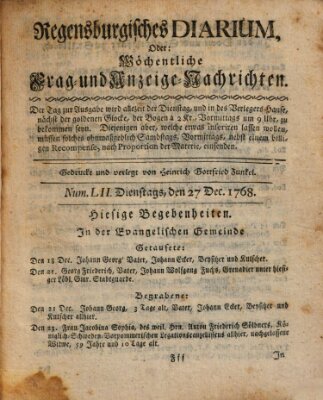 Regensburgisches Diarium oder wöchentliche Frag- und Anzeige-Nachrichten (Regensburger Wochenblatt) Dienstag 27. Dezember 1768