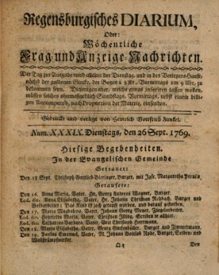 Regensburgisches Diarium oder wöchentliche Frag- und Anzeige-Nachrichten (Regensburger Wochenblatt) Dienstag 26. September 1769