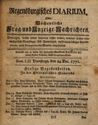 Regensburgisches Diarium oder wöchentliche Frag- und Anzeige-Nachrichten (Regensburger Wochenblatt) Dienstag 24. Dezember 1771
