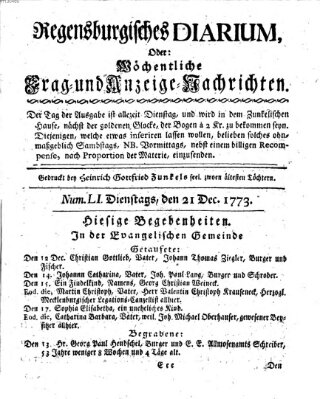 Regensburgisches Diarium oder wöchentliche Frag- und Anzeige-Nachrichten (Regensburger Wochenblatt) Dienstag 21. Dezember 1773