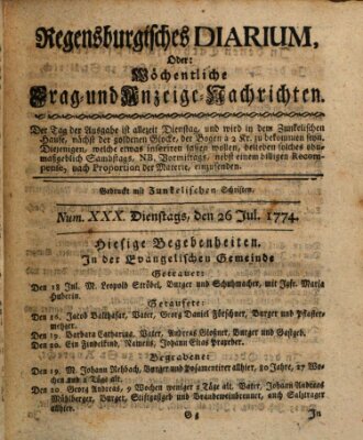 Regensburgisches Diarium oder wöchentliche Frag- und Anzeige-Nachrichten (Regensburger Wochenblatt) Dienstag 26. Juli 1774