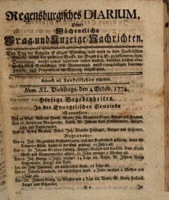 Regensburgisches Diarium oder wöchentliche Frag- und Anzeige-Nachrichten (Regensburger Wochenblatt) Dienstag 4. Oktober 1774