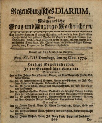 Regensburgisches Diarium oder wöchentliche Frag- und Anzeige-Nachrichten (Regensburger Wochenblatt) Dienstag 29. November 1774
