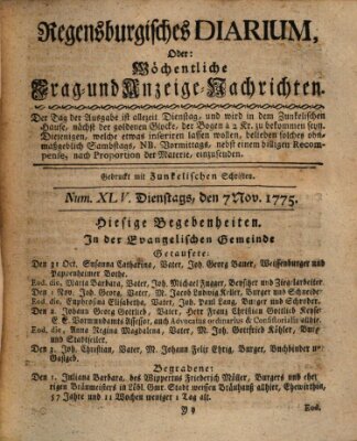 Regensburgisches Diarium oder wöchentliche Frag- und Anzeige-Nachrichten (Regensburger Wochenblatt) Dienstag 7. November 1775