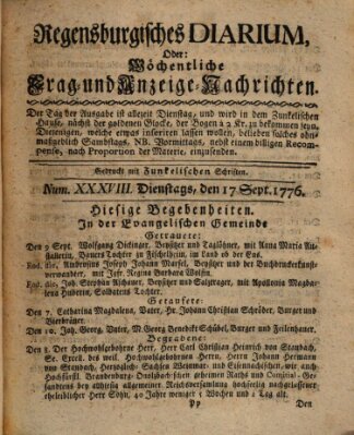 Regensburgisches Diarium oder wöchentliche Frag- und Anzeige-Nachrichten (Regensburger Wochenblatt) Dienstag 17. September 1776