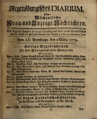 Regensburgisches Diarium oder wöchentliche Frag- und Anzeige-Nachrichten (Regensburger Wochenblatt) Dienstag 2. März 1779