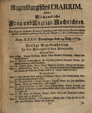 Regensburgisches Diarium oder wöchentliche Frag- und Anzeige-Nachrichten (Regensburger Wochenblatt) Dienstag 24. August 1779