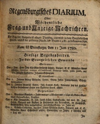 Regensburgisches Diarium oder wöchentliche Frag- und Anzeige-Nachrichten (Regensburger Wochenblatt) Dienstag 11. Januar 1780