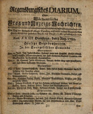 Regensburgisches Diarium oder wöchentliche Frag- und Anzeige-Nachrichten (Regensburger Wochenblatt) Dienstag 8. August 1780