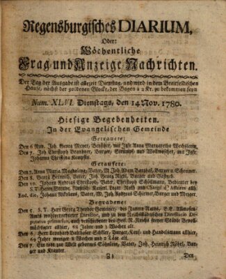 Regensburgisches Diarium oder wöchentliche Frag- und Anzeige-Nachrichten (Regensburger Wochenblatt) Dienstag 14. November 1780
