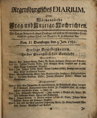 Regensburgisches Diarium oder wöchentliche Frag- und Anzeige-Nachrichten (Regensburger Wochenblatt) Dienstag 9. Januar 1781