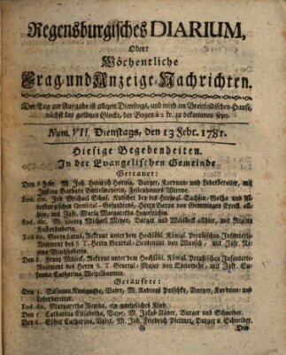 Regensburgisches Diarium oder wöchentliche Frag- und Anzeige-Nachrichten (Regensburger Wochenblatt) Dienstag 13. Februar 1781
