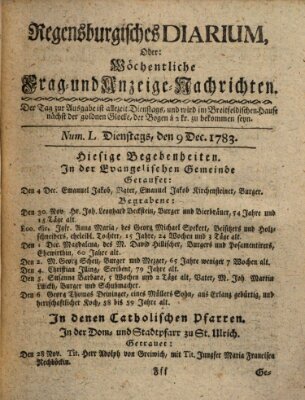 Regensburgisches Diarium oder wöchentliche Frag- und Anzeige-Nachrichten (Regensburger Wochenblatt) Dienstag 9. Dezember 1783