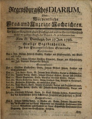 Regensburgisches Diarium oder wöchentliche Frag- und Anzeige-Nachrichten (Regensburger Wochenblatt) Dienstag 17. Januar 1786