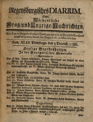 Regensburgisches Diarium oder wöchentliche Frag- und Anzeige-Nachrichten (Regensburger Wochenblatt) Dienstag 5. Dezember 1786