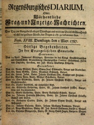 Regensburgisches Diarium oder wöchentliche Frag- und Anzeige-Nachrichten (Regensburger Wochenblatt) Dienstag 1. Mai 1787