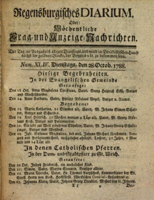 Regensburgisches Diarium oder wöchentliche Frag- und Anzeige-Nachrichten (Regensburger Wochenblatt) Dienstag 28. Oktober 1788
