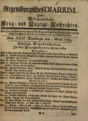 Regensburgisches Diarium oder wöchentliche Frag- und Anzeige-Nachrichten (Regensburger Wochenblatt) Dienstag 1. September 1789