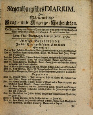 Regensburgisches Diarium oder wöchentliche Frag- und Anzeige-Nachrichten (Regensburger Wochenblatt) Dienstag 23. Februar 1790