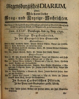 Regensburgisches Diarium oder wöchentliche Frag- und Anzeige-Nachrichten (Regensburger Wochenblatt) Dienstag 24. August 1790