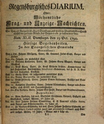 Regensburgisches Diarium oder wöchentliche Frag- und Anzeige-Nachrichten (Regensburger Wochenblatt) Dienstag 19. Oktober 1790