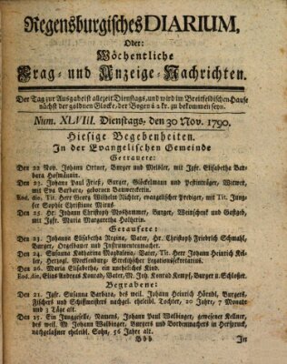 Regensburgisches Diarium oder wöchentliche Frag- und Anzeige-Nachrichten (Regensburger Wochenblatt) Dienstag 30. November 1790