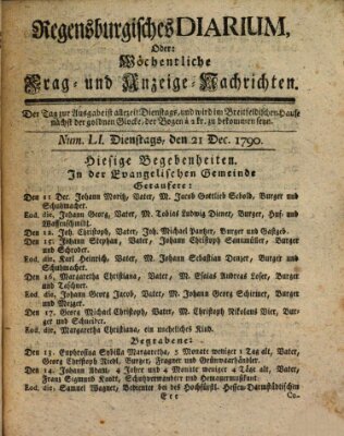 Regensburgisches Diarium oder wöchentliche Frag- und Anzeige-Nachrichten (Regensburger Wochenblatt) Dienstag 21. Dezember 1790