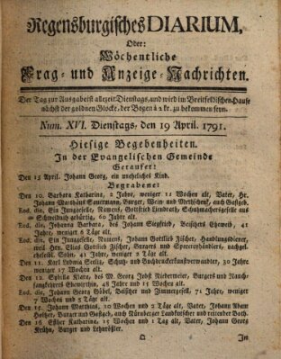 Regensburgisches Diarium oder wöchentliche Frag- und Anzeige-Nachrichten (Regensburger Wochenblatt) Dienstag 19. April 1791