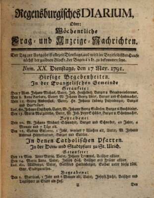 Regensburgisches Diarium oder wöchentliche Frag- und Anzeige-Nachrichten (Regensburger Wochenblatt) Dienstag 17. Mai 1791