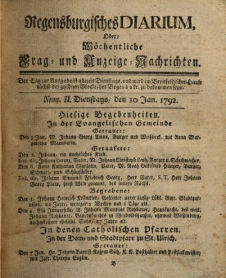 Regensburgisches Diarium oder wöchentliche Frag- und Anzeige-Nachrichten (Regensburger Wochenblatt) Dienstag 10. Januar 1792