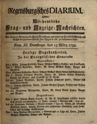 Regensburgisches Diarium oder wöchentliche Frag- und Anzeige-Nachrichten (Regensburger Wochenblatt) Dienstag 13. März 1792