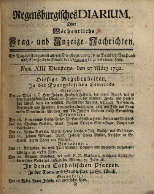 Regensburgisches Diarium oder wöchentliche Frag- und Anzeige-Nachrichten (Regensburger Wochenblatt) Dienstag 27. März 1792