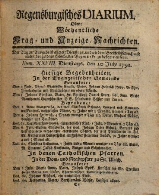 Regensburgisches Diarium oder wöchentliche Frag- und Anzeige-Nachrichten (Regensburger Wochenblatt) Dienstag 10. Juli 1792