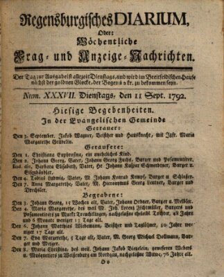 Regensburgisches Diarium oder wöchentliche Frag- und Anzeige-Nachrichten (Regensburger Wochenblatt) Dienstag 11. September 1792