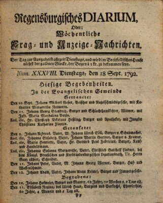 Regensburgisches Diarium oder wöchentliche Frag- und Anzeige-Nachrichten (Regensburger Wochenblatt) Dienstag 18. September 1792